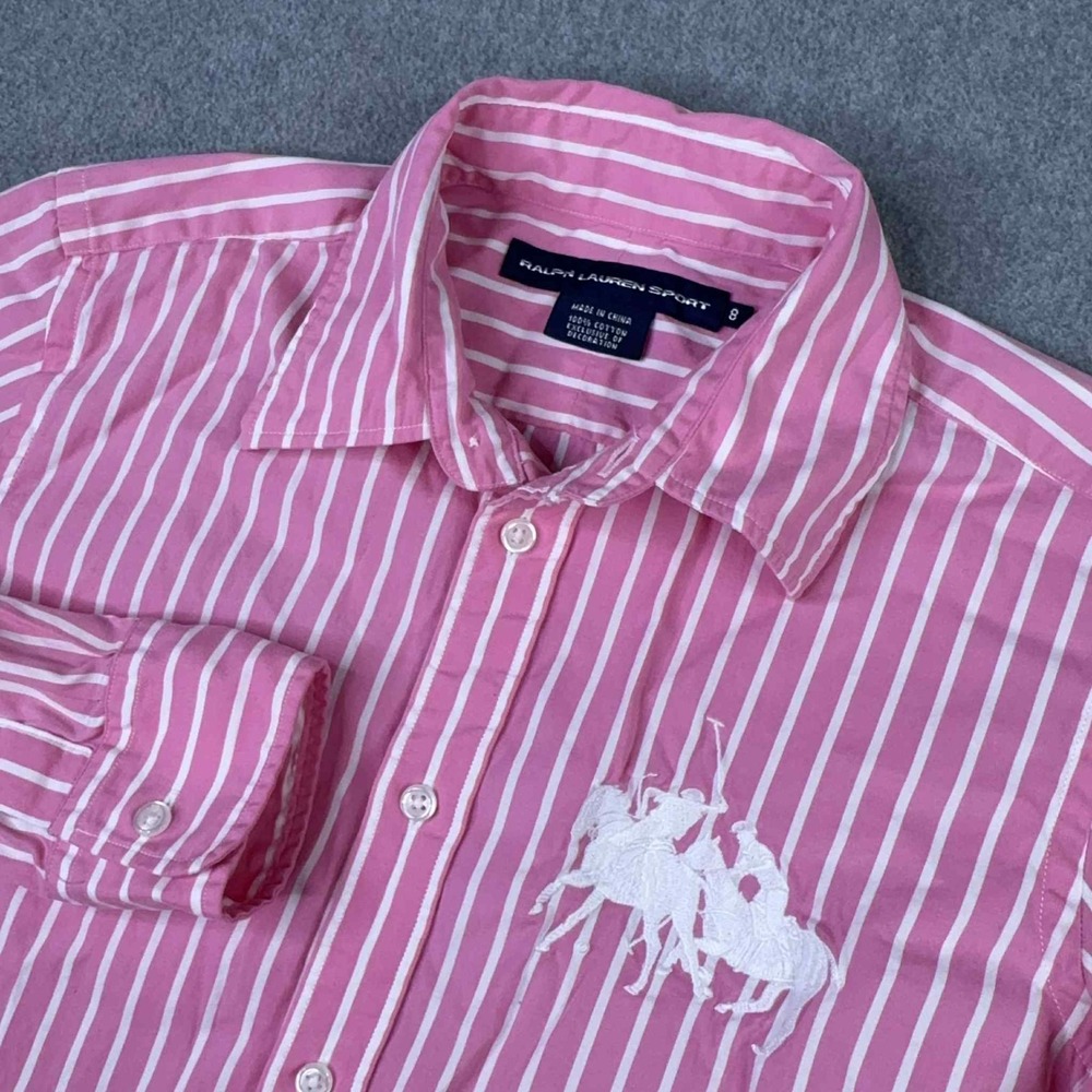 Ralph Lauren Sport Fitted Button Front Shirt Pink‎ White Sz 8 Big Dual Pony